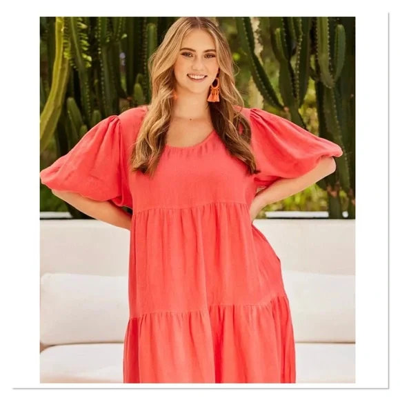 Adrift Luxe Linen Tiered “Sabre” Dress - Watermelon - Picture 1 of 6